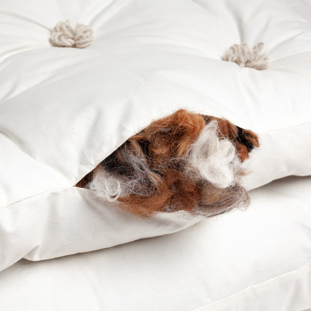 <transcy>Le SET - lit pour chien fait main + coussin, remplis de fibre 100% alpaga</transcy>